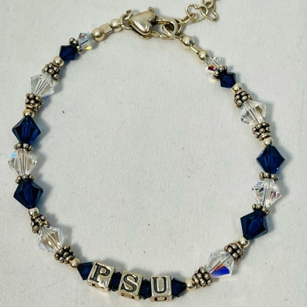 PSU Penn State University Sterling Silver White Dark Blue Faux Gem Bracelet